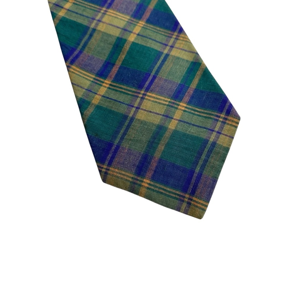 GAP Vintage Plaid Madras Tie in Green Blue and Yellow Fall Plaid Tie Preppy - Picture 2 of 10